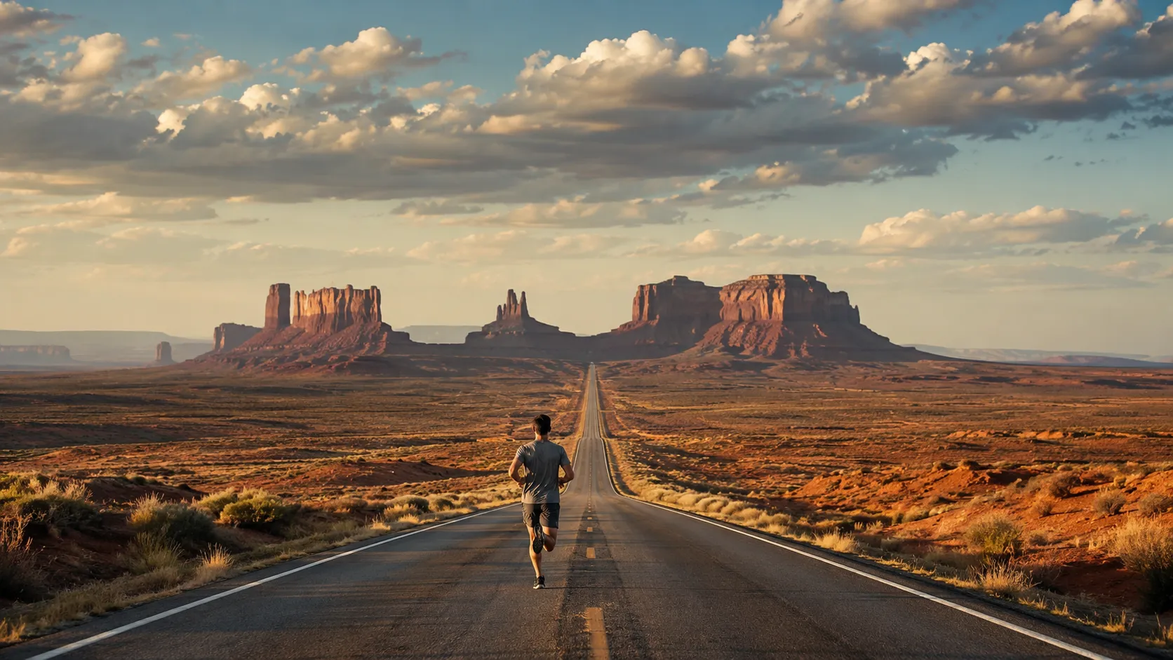 AI generated image of Forrest Gump running through Monument Valley